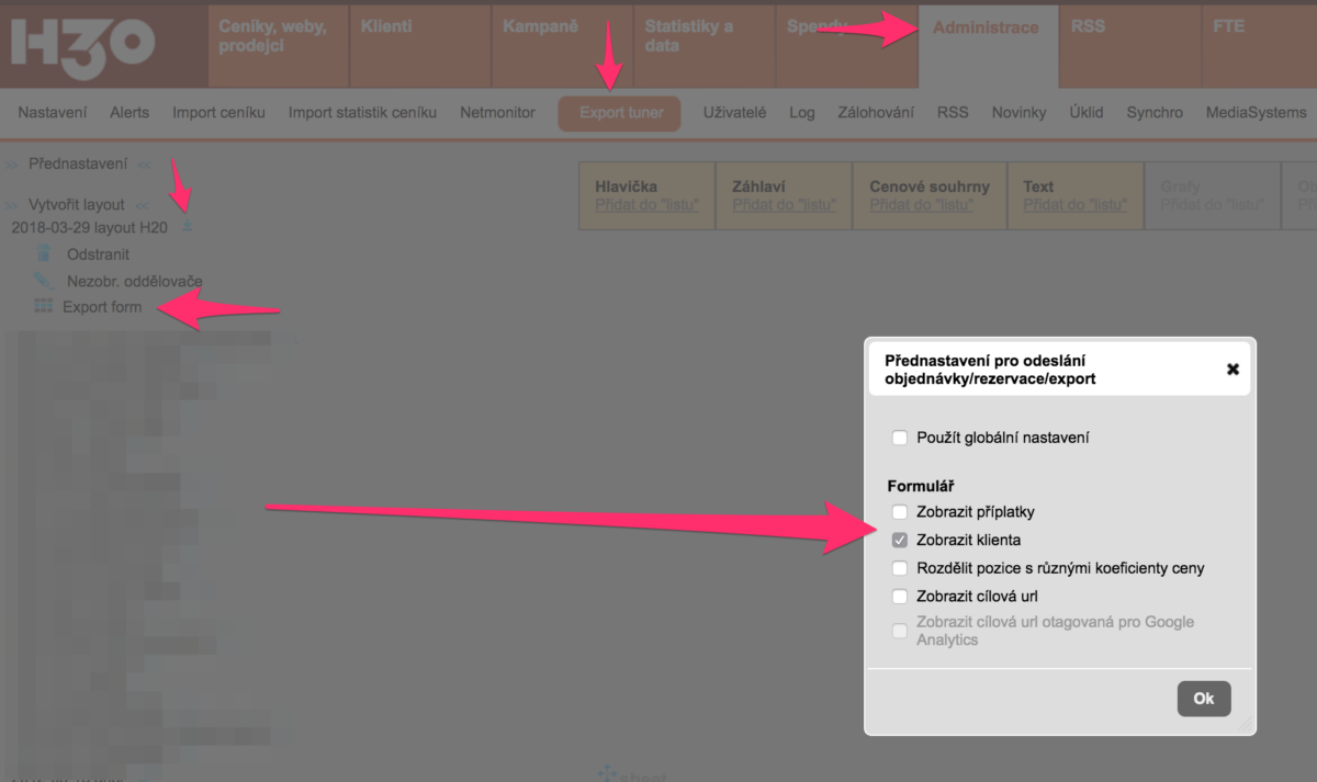 Individuální nastavení předexportního formuláře u exportů z export tuneru