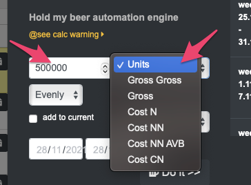 Okno zadání jednotek a PullDown s definicí těchto jednotek