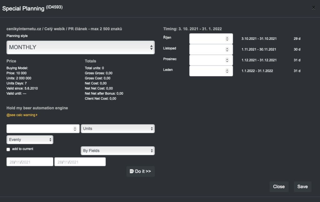 nový modul Special planning 