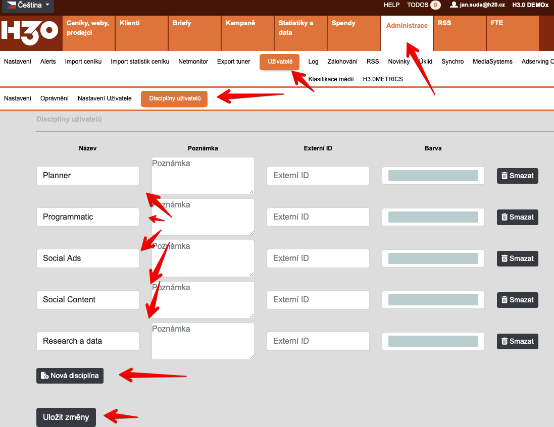 Update modulu Briefy – disciplíny uživatelů, zamykání briefu