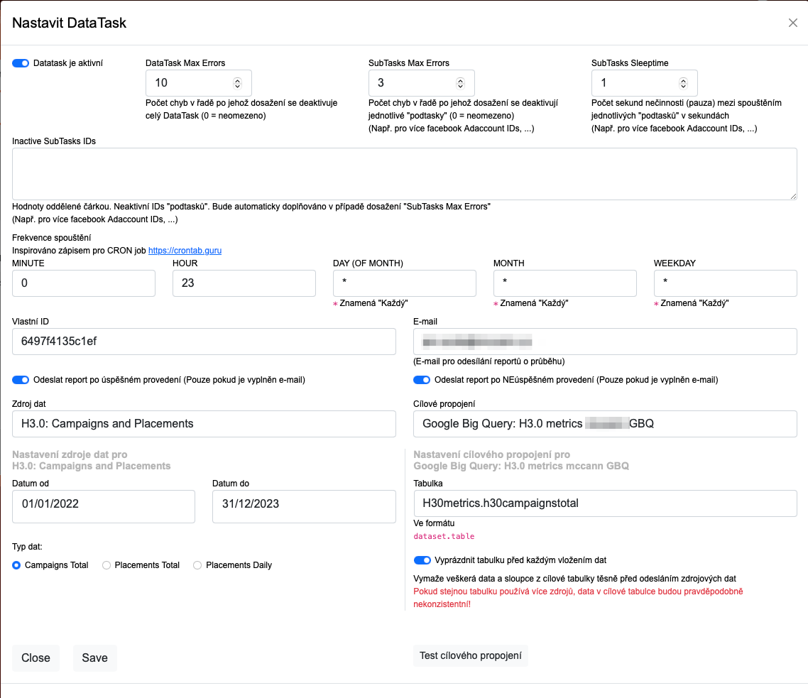 Jak vkládat data z H3.0 do Google Big Query – H3.0 metrics (H3.0 -> GBQ)