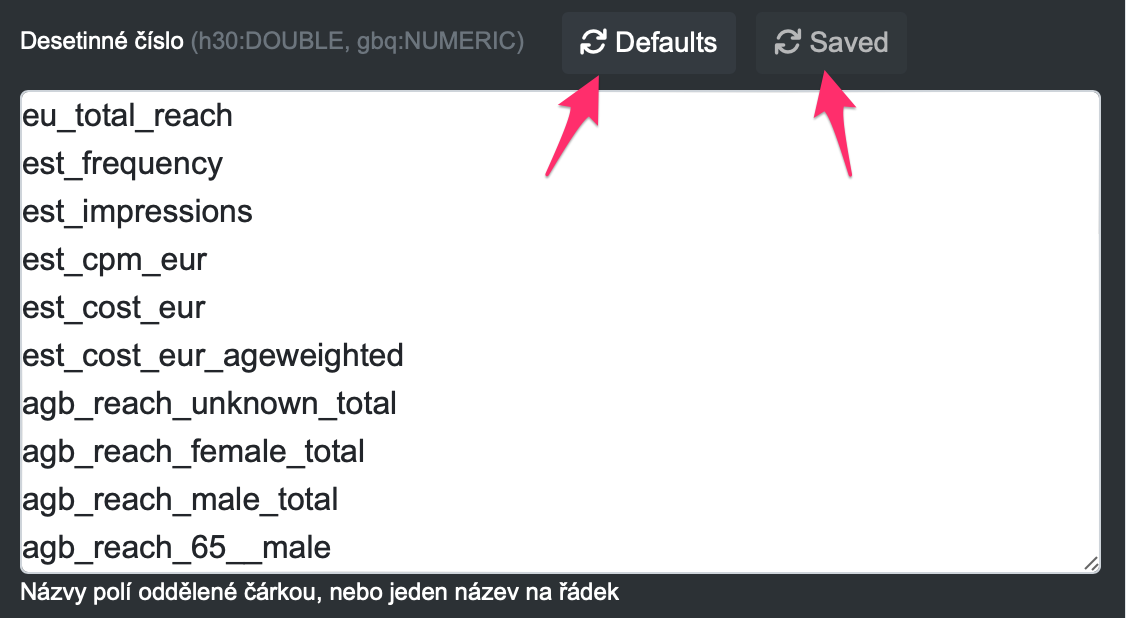 Nastavení datových typů u dat v datatasku.