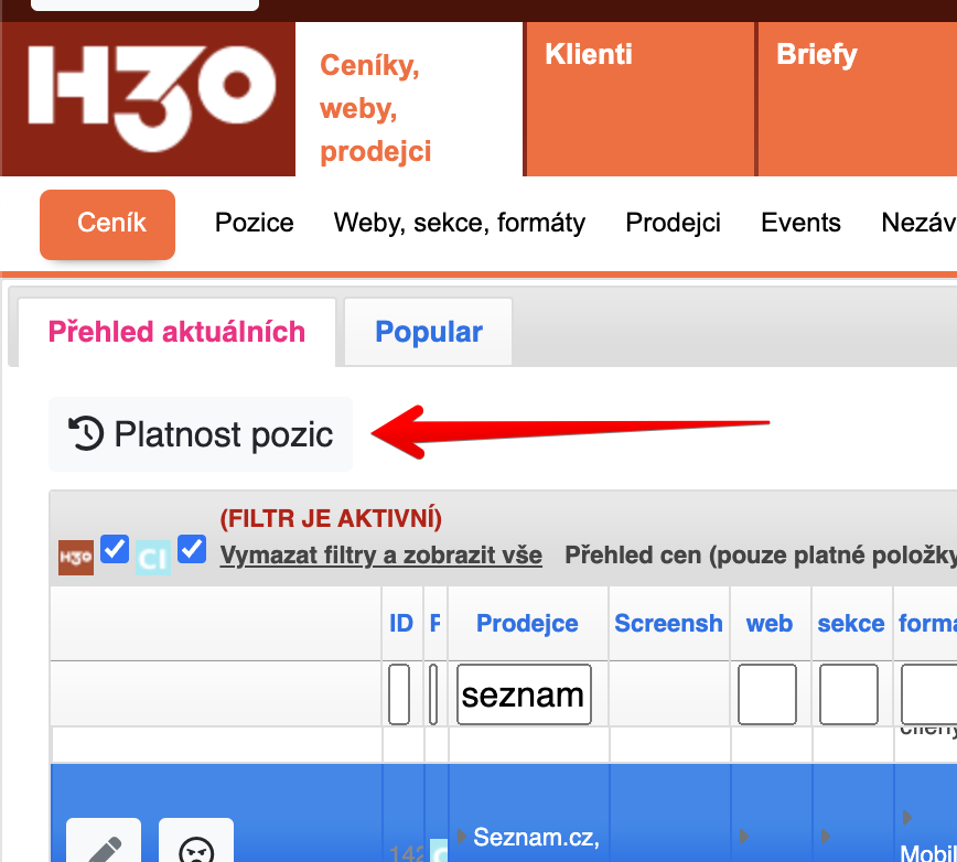 Hromadná úprava platnosti ceníkových pozic (OD / DO)