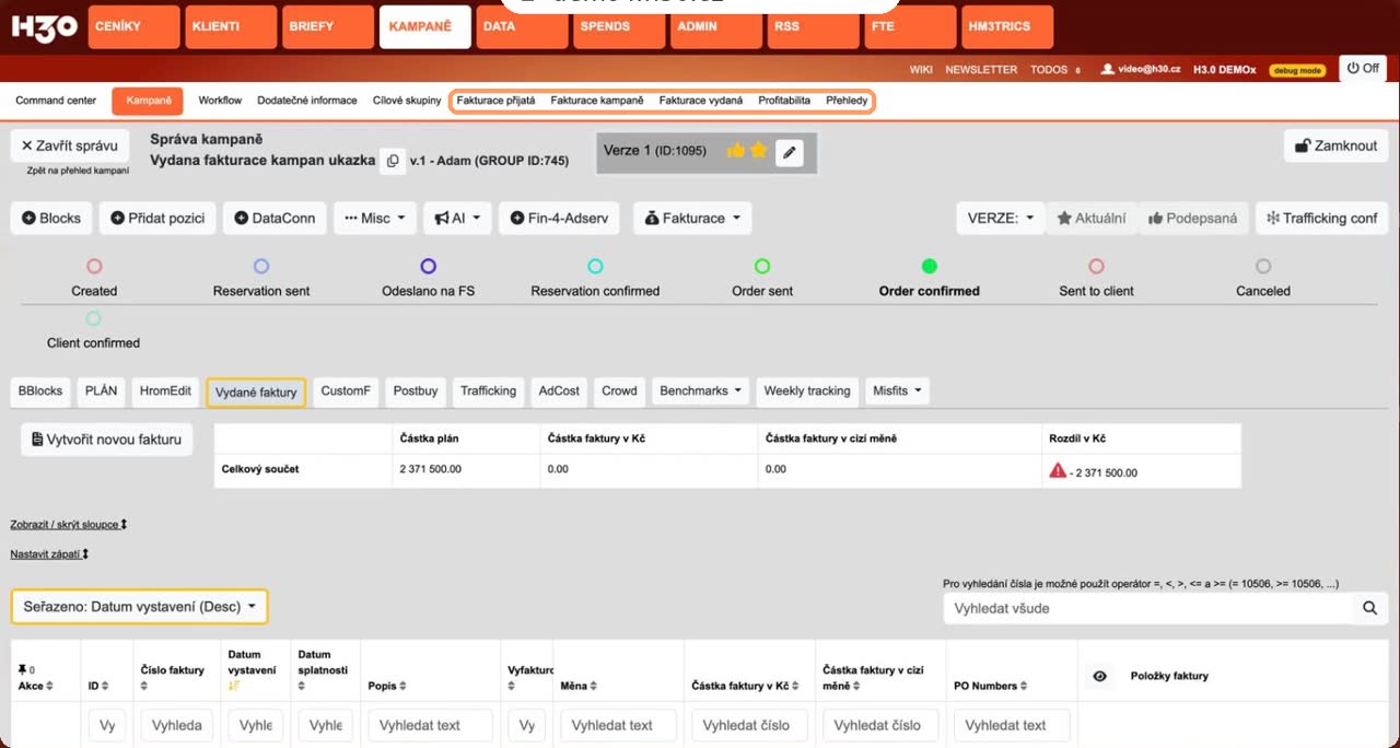 Submenu Kampaně s položkami Fakturace přijatá, Fakturace kampaně, Fakturace vydaná, Profitabilita a Přehledy