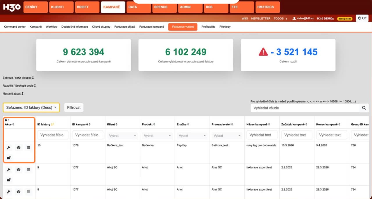 Přehled Fakturace vydaná se třemi souhrnnými dlaždicemi a tabulkou faktur